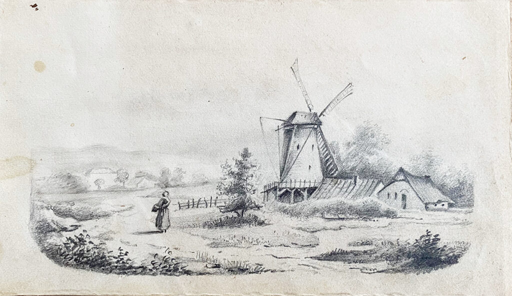 Landschap met molen, getekende bijdrage van Willem Hamer aan het vriendenalbum van Annette Groenevelt