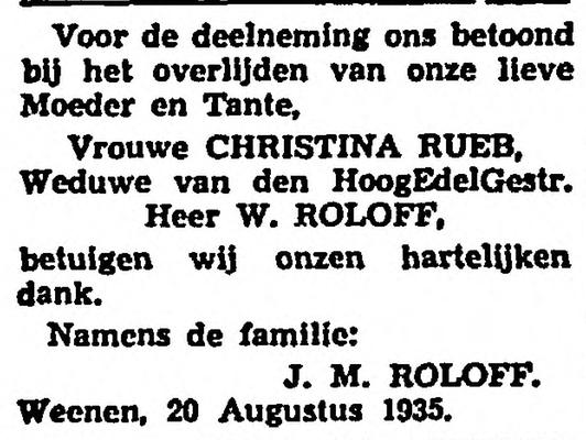 Overlijdensadvertentie van Christina Roloff-Rueb in Het vaderland van 1935