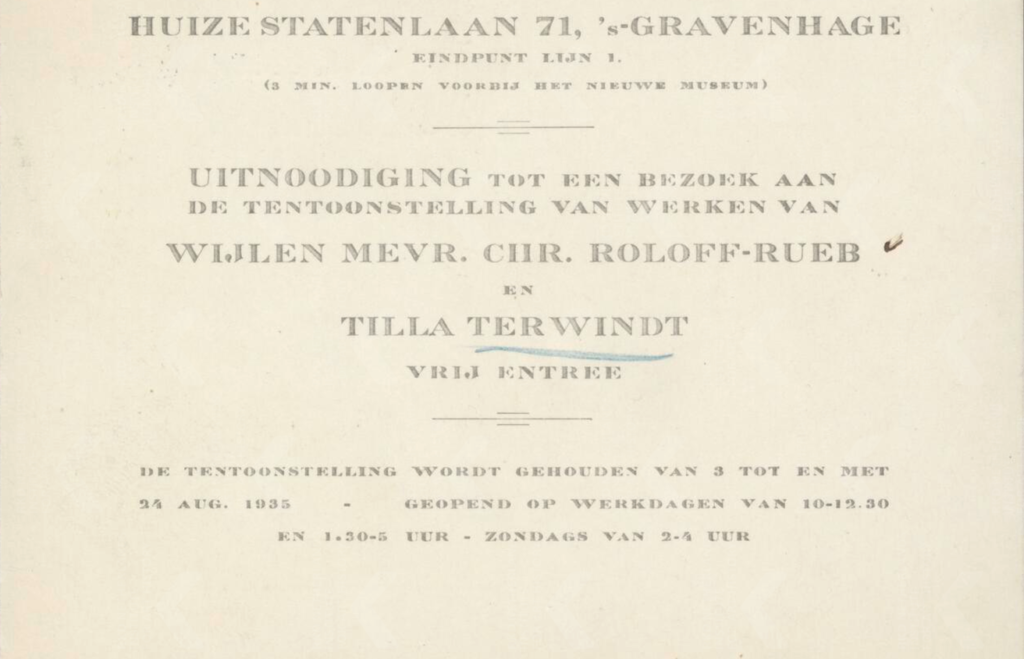 Uitnodiging voor een tentoonstelling met werk van Christine Rueb en Tilla Terwindt in Den Haag