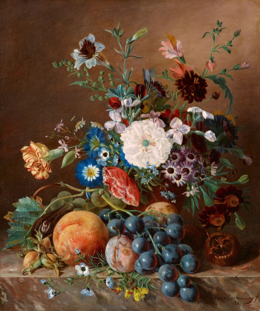  Bloem- en vruchtstilleven, gesigneerd en gedateerd 1849, geschilderd door Adriana van Ravenszwaay