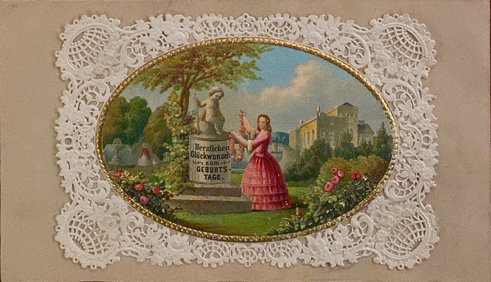 Herzlichen Glückwunsch zum Geburtstag, ingelijmd gekleurd prentje met opengewerkte rand, bijdrage van Lamina Hermina Charlotta van Detten Bijsterbosch aan het vriendenalbum van Annette Groenevelt