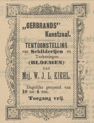 Aankondiging van een tentoonstelling van schilderijen en tekeningen van Wilhelmine Kiehl in Gerbrands Kunstzaal, Arnhem