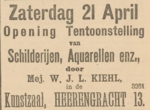 Aankondiging van de tentoonstelling van schilderijen aquarellen van Wilhelmine Kiehl in Kunstzaal Den Haag, in Dagblad van Zuidholland en 's Gravenhage