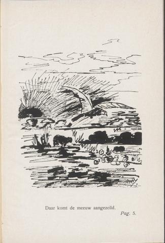 Inkttekening van een opvliegende meeuw in een landschap met ondergaande zon, illustratie in Wuytiers Sproken