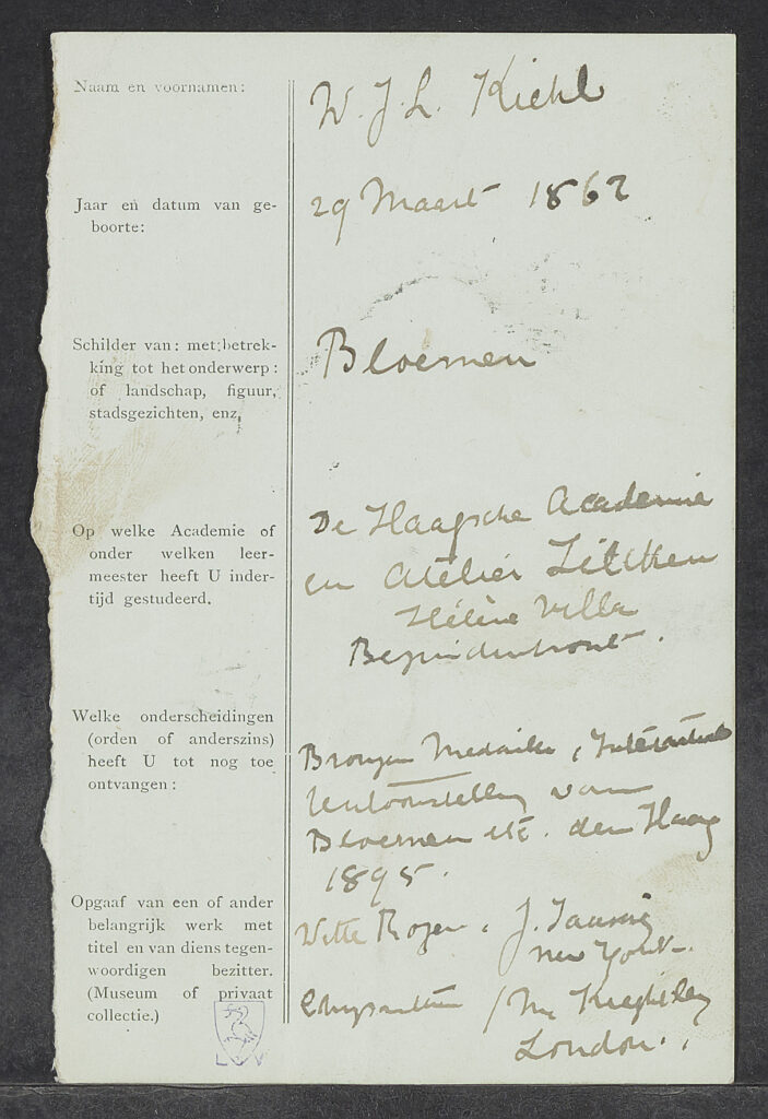 Formulier ingevuld door Wilhelmine Kiehl, voor Maison Artz, rond 1900
