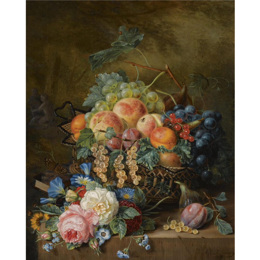 Mand met fruit en bloemen,, geschilderd door Adriana van Ravenswaay, geëxposeerd in 1848 op de tentoonstelling in Utrecht