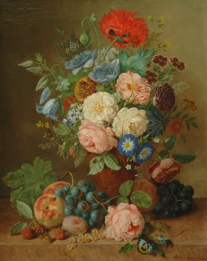 Adriana van Ravenswaay, Vaas met bloemen, daarbij fruit,