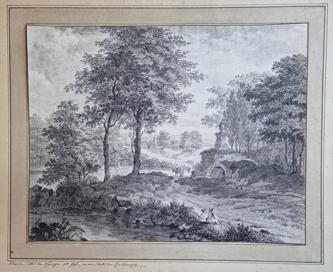 Tekening van Susanna Vijgh met een boomrijk landschap met een weg langs een monument