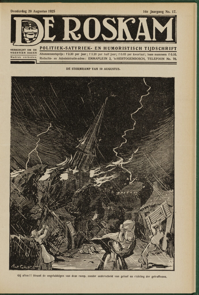 Graaflands voorstelling van de stormramp van 10 augustus, op de voorpagina van het weekblad De Roskam