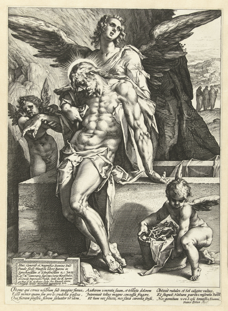 Hendrick Goltzius' voorstelling van engelen met het gewond lichaam van Jezus, naar voorbeeld van Bartholomeus Spranger