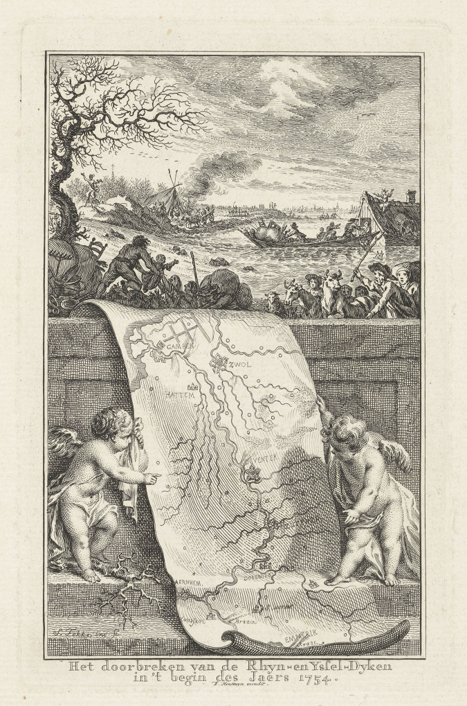 Simon Fokkes ets van de doorbraak van de Rijn- en IJsseldijken in 1754, verschenen in de Nederlandsche Jaerboeken