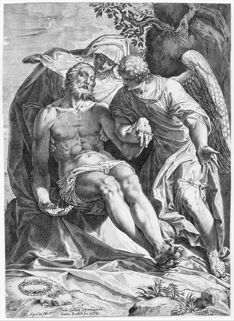Agostino Carracci's voorstelling van Maria en een engel met het gewond lichaam van Jezus