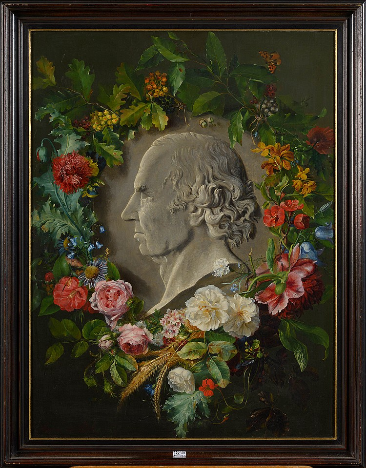 Portret van J.W. Pieneman in een bloemenkrans, geschilderd door Anna Francisca de Rijk