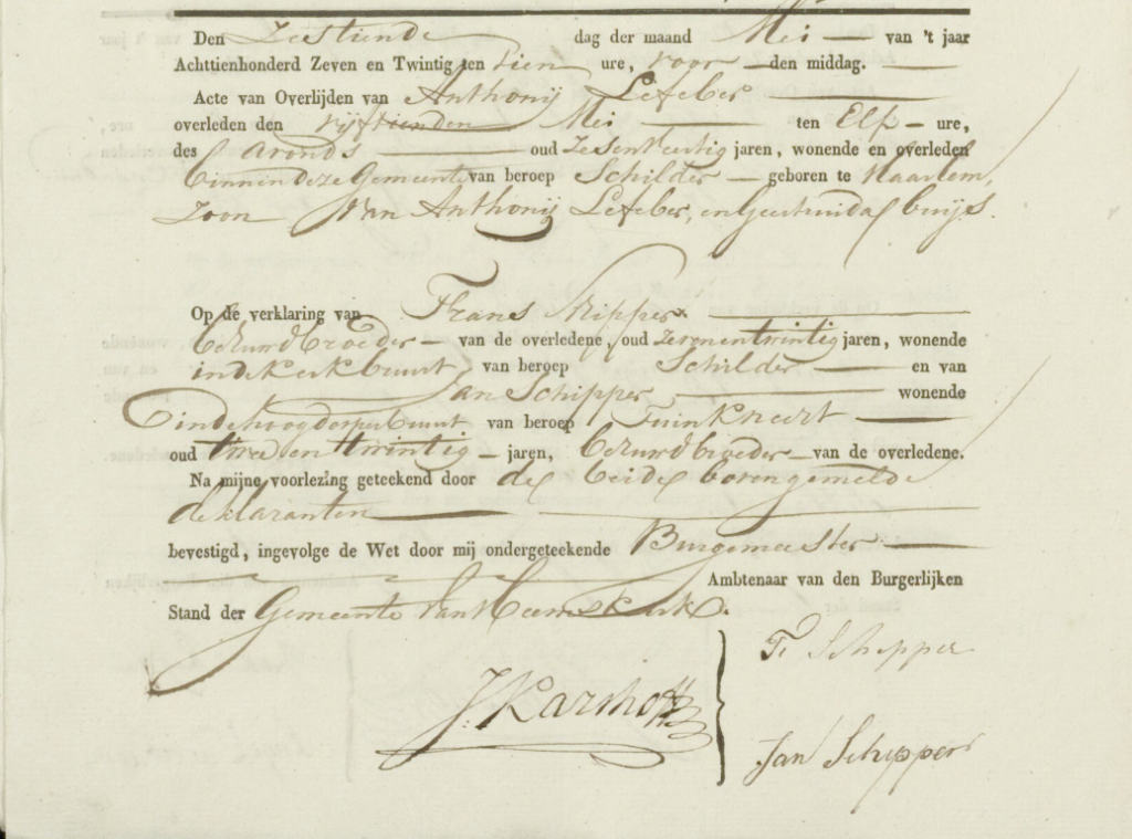 Overlijdensakte van Anthonij Lefeber, schoonzoon van Maria Voerman
