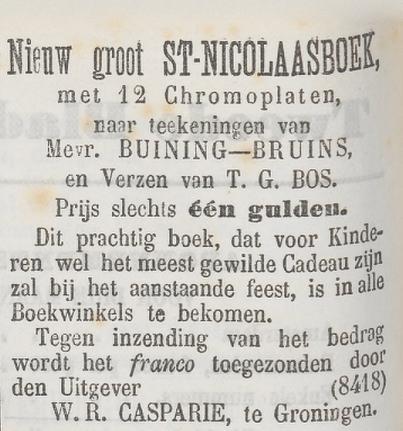 Advertentie voor Nieuw Groot Sint-Nicolaasboek met 12 chromoplaten naar tekeningen van Clara Bruins, gedrukt bij Casparie in groningen
