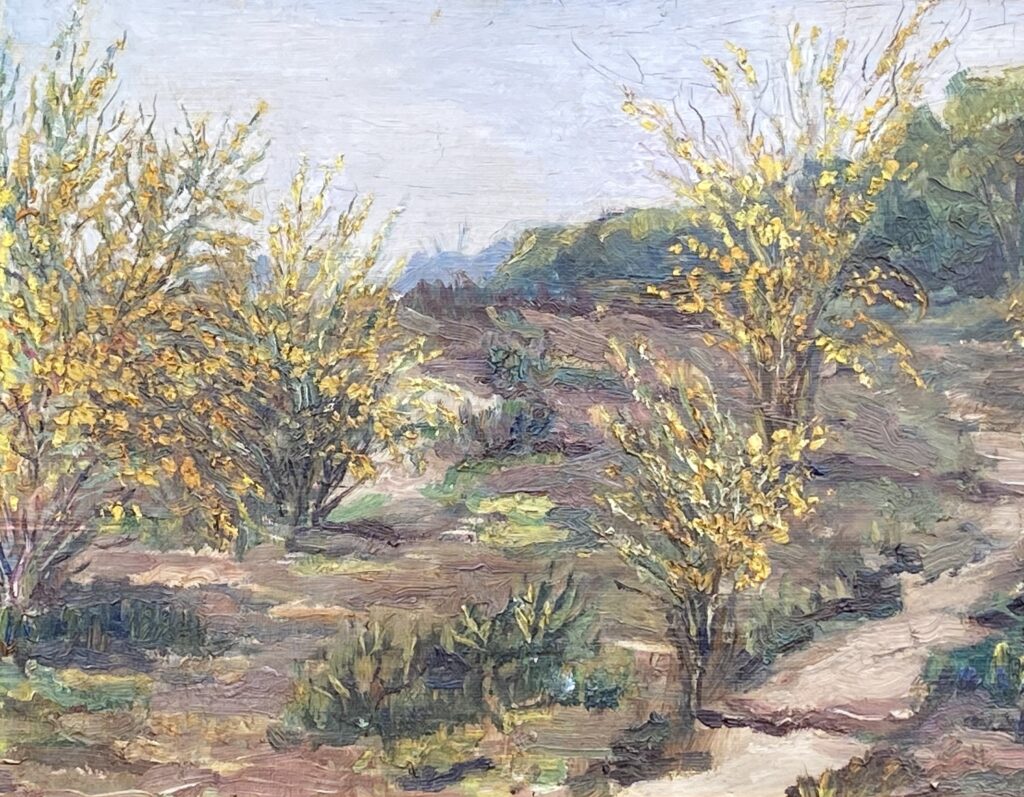 Een olieverfschilderij toont een lichtglooiend bruin-groen landschap met enkele bloeiende gele bremstruiken., een grijsblauwe egale lucht