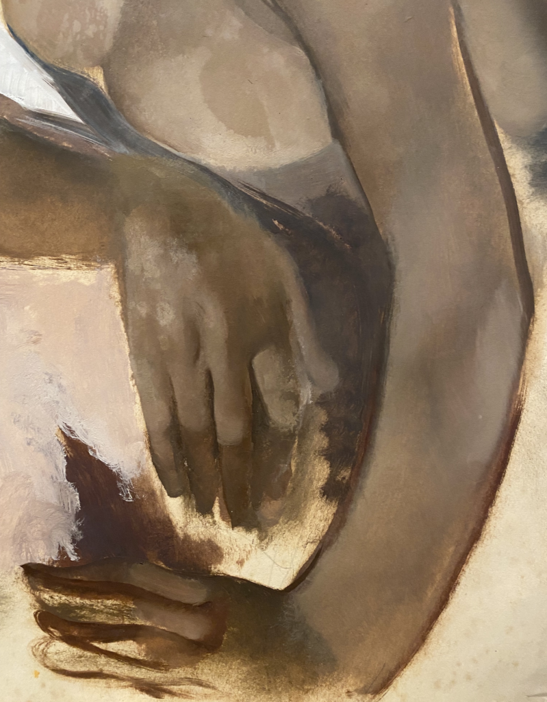 Detail van twee handen op een schilderij van een zwarte naakte, op de grond zittende vrouw. De ene arm is losjes over haar benen gedrapeerd. Haar hand hangt naar beneden. Met de andere hand steunt ze op de grond. De eerste hand is uitgewerkt en precies geschilderd, de steunende hand is slechts schetsmatig weergegeven en veel minder precies.