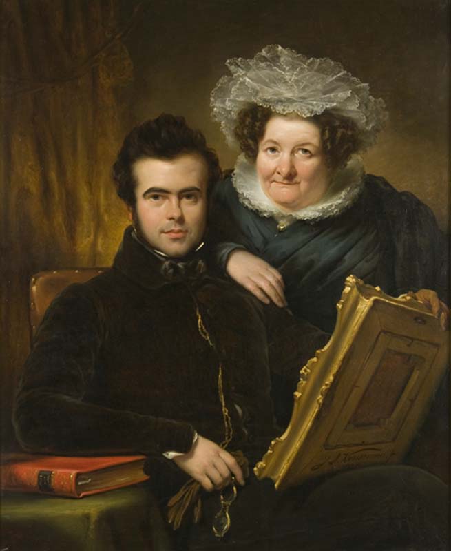 Isaac van den Berch van Heemstede met zijn moeder, beiden afgebeeld ten halve lijve. Hij zit en zij staat naast hem, enigszins voorover gebogen en leunt met haar arm op zijn schouder.