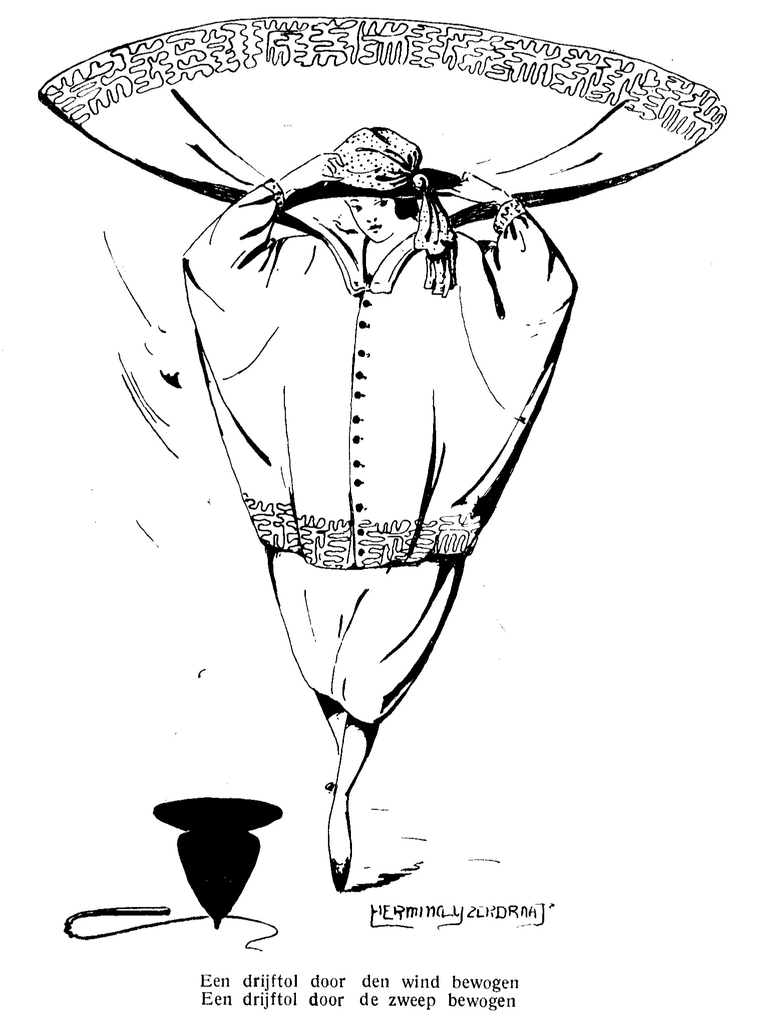 Tekening van een vrouw met een taps toelopende silhouet. Ogenschijnlijk door de wind die grip heeft gekregen op haar kleding, bolt de figuur op en wappert haar cape in de wind. Daardoor lijkt de vorm van de vrouw op een draaiende tol aan haar voeten. Onder de tekening staat: Een drijftol door den wind bewogen. Een drijftol door de zweep bewogen.