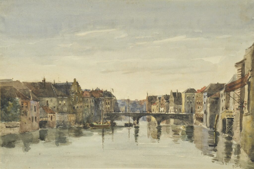 Een aquarel in gedempte tonen laat een 19de-eeuws stadsbeeld zien met een rivier die een brug in de verte. De huizen aan weerszijden weerspiegelen in het water. Enkele bootjes liggen aan de kade