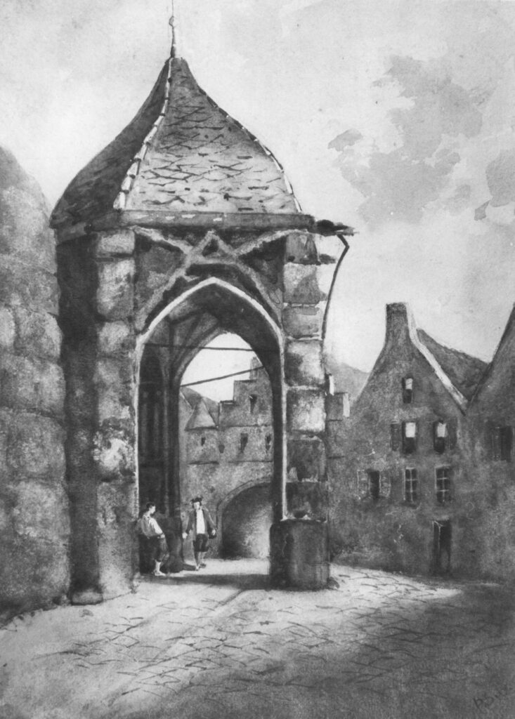 Een zwart wit foto van een aquarel toont een voorportaal van een kerk in hoog-gotische stijl. Twee bogen bieden toegang tot het portaal dat uit het zicht ligt. Twee mannen staan onder de overkapping. Oude huizen begrenzen de straat aan de andere zijde.