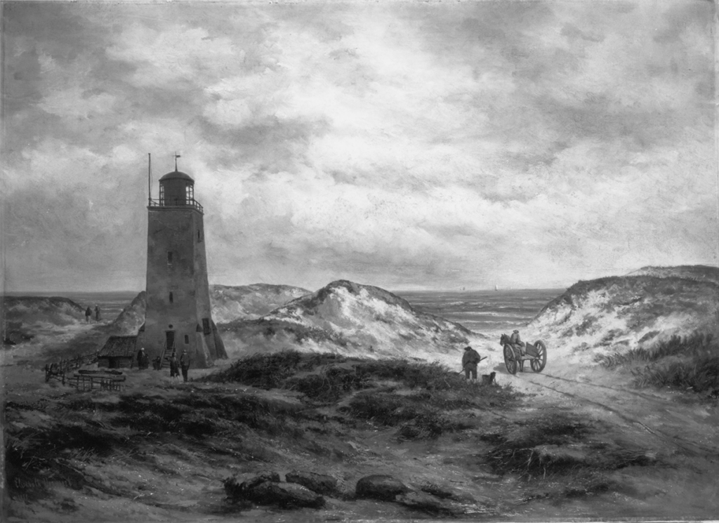 Een zwart-wit foto toont een schilderij met een duinlandschap. Een paard en wagen passeert een vuurtoren op een pad richting de zee in de verte.