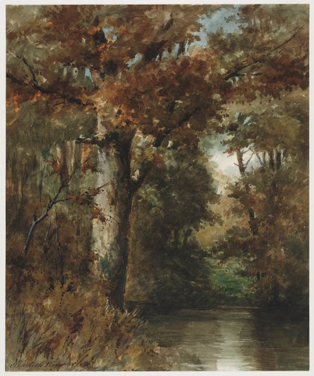 Een schilderij toont een herfstachtig bos met bomen in herfstkleuren rondom een water,