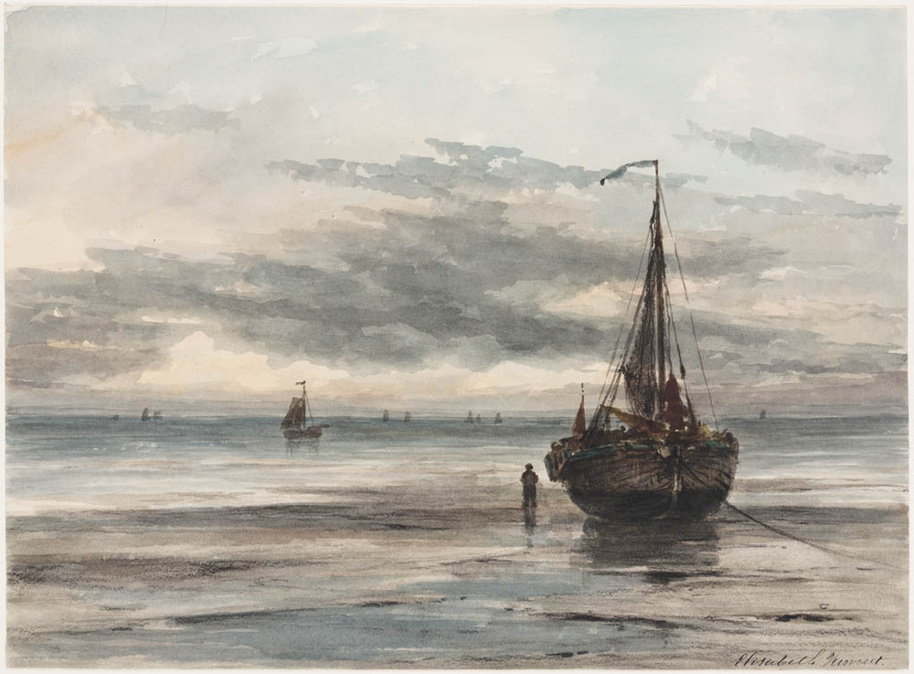 Een sferische aquarel toont een bomschuit op het strand  bij schemer., meerdere schepen zichtbaar op het water aan de horizon In de hoge mast wappert een vaandel. De aquarel is geschilderd in lichtblauw en bruintinten.