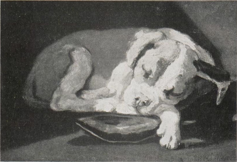 Zwart-wit foto van een schilderij van een slapend opgekruld hondje.