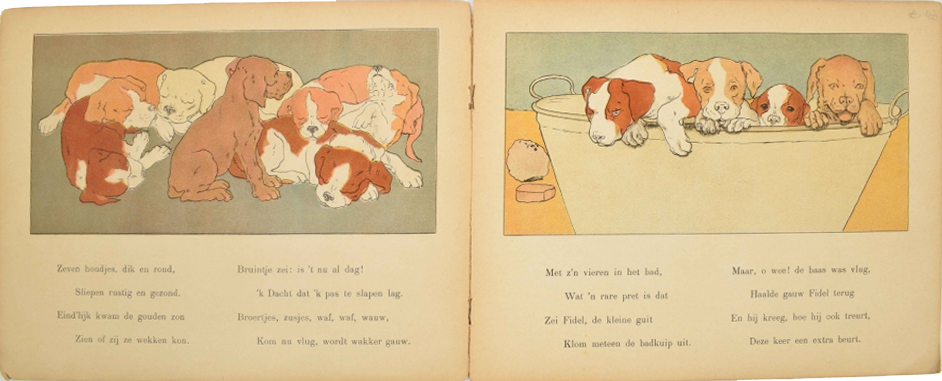 De opening van een boek heeft links en rechts een tekening met daaronder in beide gevallen een vierregelig vers. Links zijn zeven pups te zien die liggen te slapen, rechts zitten vier pups in een tobbe.