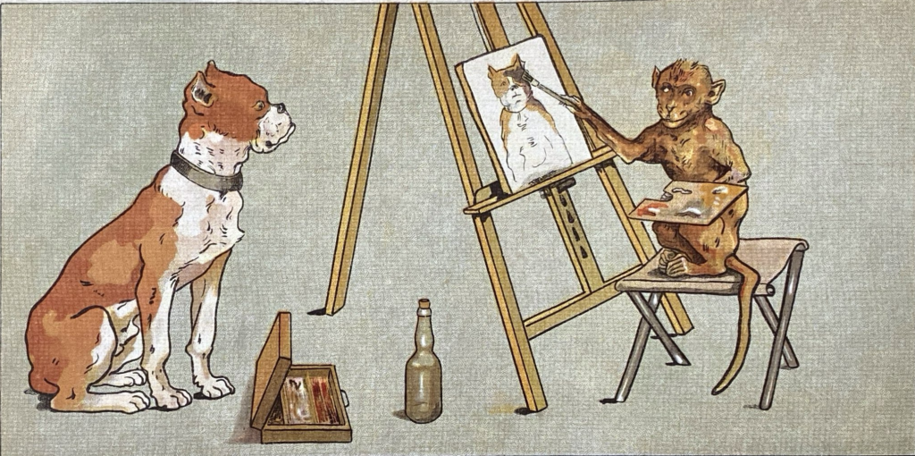 Een ingekleurde tekening toont een aap op een krukje voor een schildersezel. Hij houdt een palet in de ene hand en een penseel in de andere en is bezig met het portretteren van de boxer die voor hem zit. Op de grond staan een fles en een schilderkist.