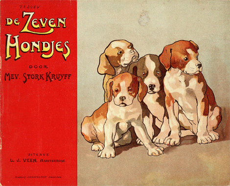 Het omslag van een boek toont links de titel en de naam van de schrijfster-tekenares. Rechts is een tekening van vier pups.