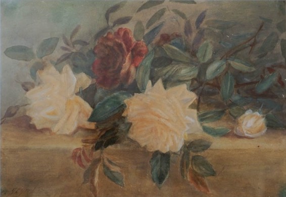 Schilderij in liggend formaat met voorstelling van witte en rode rozen liggend op een plint.