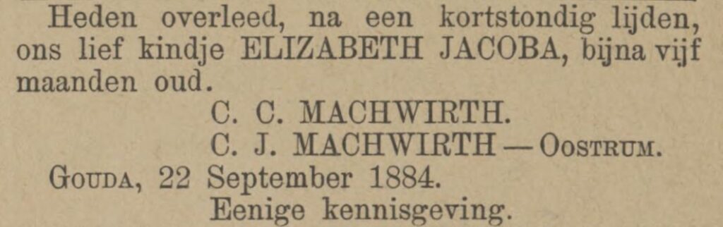 Bericht in de krant van het gezin Machwirth-Oostrum over het overlijden van hun dochter Elizabeth Jacoba, bijna vijf maanden oud.