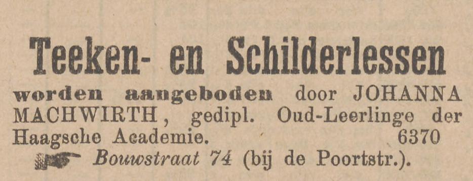 Advertentie in de krant voor teken- en schilderlessen, gegeven door Johanna Machwirth waarin ze benadrukt dat ze aan de Academie voor Beeldende Kunsten les heeft gehad.