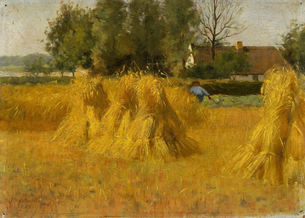 Schilderij in liggend formaat van een erf met hooischelven waarachter een maaiende boer met zeis. Achter het erf staat een witte boerderij.
