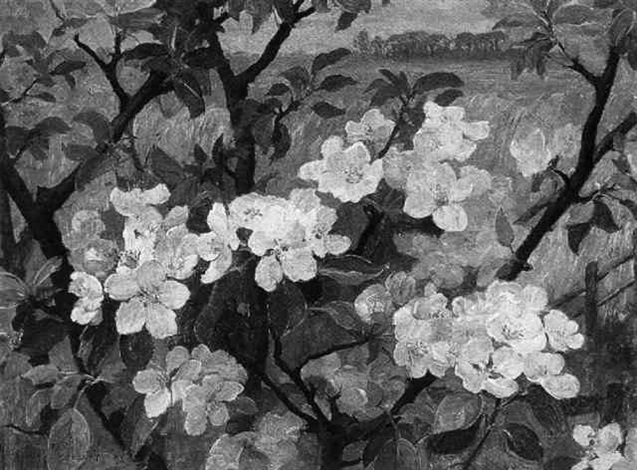 Schilderij in liggend formaat met de voorstelling van appelbloesem. Tussen de takken van de bloeiende appelboom door is een weidse akker zichtbaar.