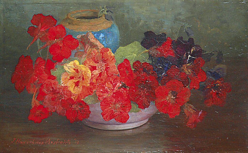 Schilderij in liggend formaat van een kom met Oost-Indische kers, daarachter een gemberpot.