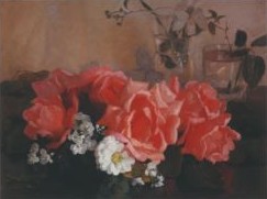 Schilderij in liggend formaat met voorstelling van rozerode rozen en witte zinnia's liggend op een tafel of plint, daarnaast glazen met plantentakken.