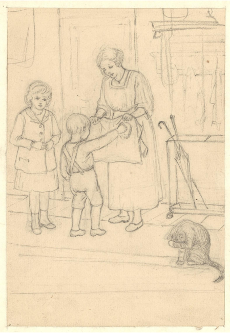 Potloodtekening in staand formaat van een vrouw met schort naast een hangende kapstok die een kleine jongen in een jas helpt. Daarnaast staat een meisje dat haar jas dichtknoopt. Op de grond zit een kat die zichzelf aan het wassen is.