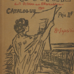 Omslag van de catalohus van de salon d'automne met vpprstelling van een vrouw op de rug gezien die een groot vel met een kunstwerk ter bestudering omhoog houdt