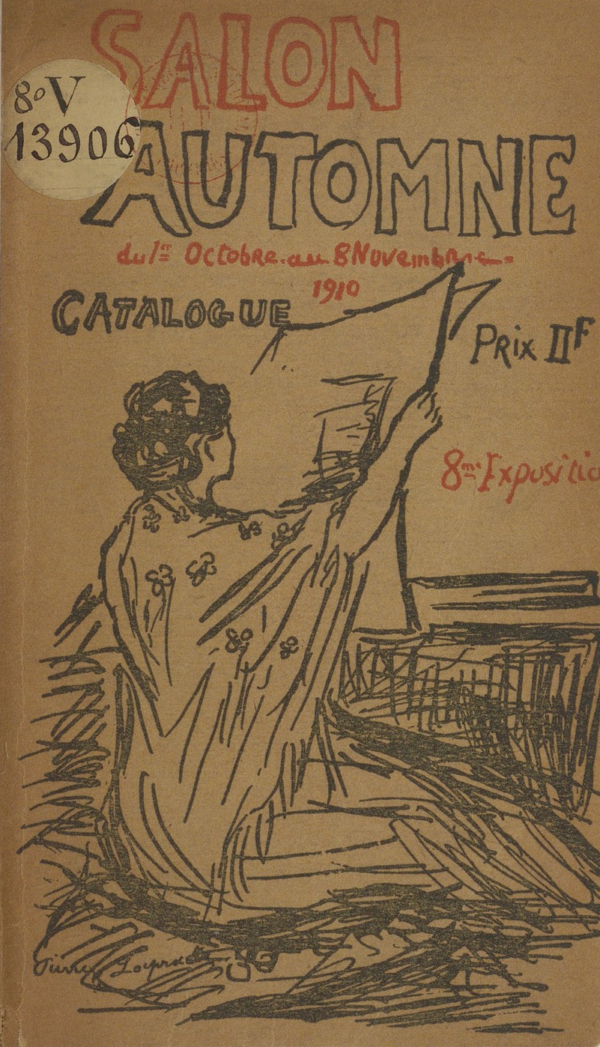 Omslag van de catalohus van de salon d'automne met vpprstelling van een vrouw op de rug gezien die een groot vel met een kunstwerk ter bestudering omhoog houdt