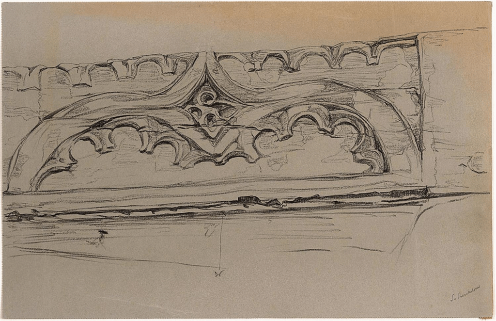 Tekening van een architectonisch detail, namelijk een middeleeuwse latei met ezelsrugboog met tracering