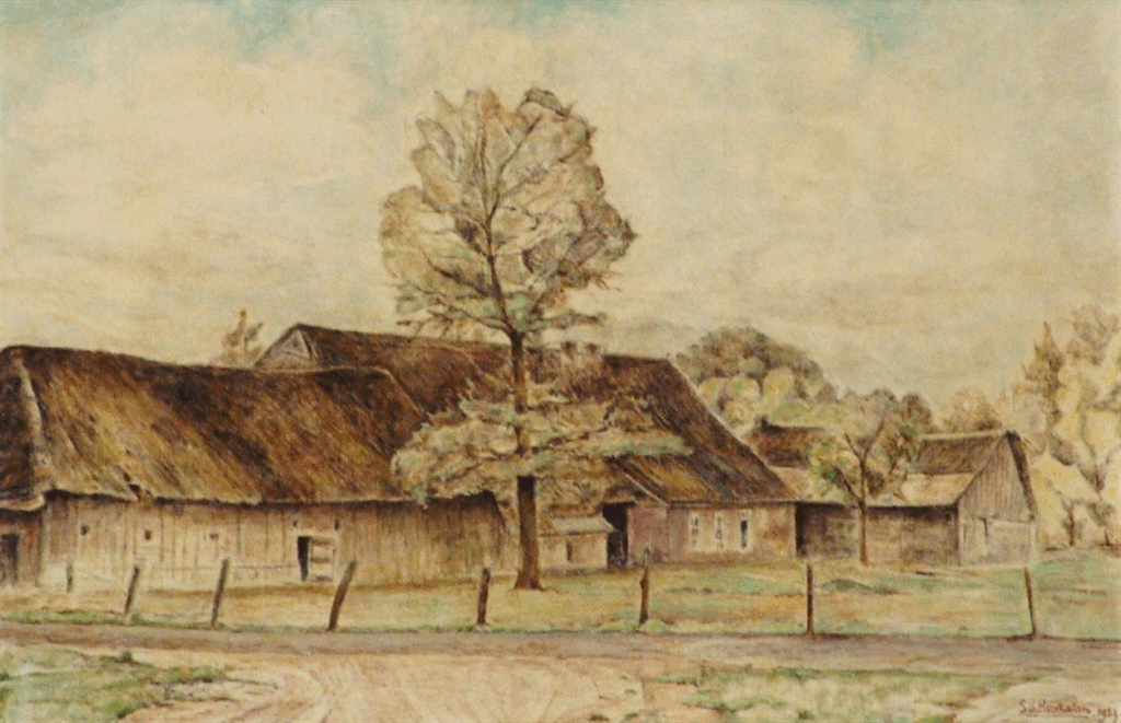 Schilderij in liggend formaat van een lage boerderij met een erf afgezet met paaltjes. Voor de boerderij met rieten dak staat een hoge boom.