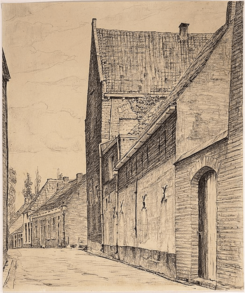Tekening van een straatje met oude huizen 